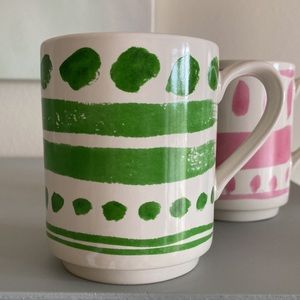 2 Kate Spade New York LENOX Mugs Pink and Green polka dot Coffee Tea Preppy NWOT